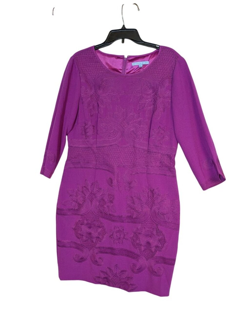 Antonio Melani Purple Embroidered Crepe Dress Size 14 With 3/4 Sleeves And Back